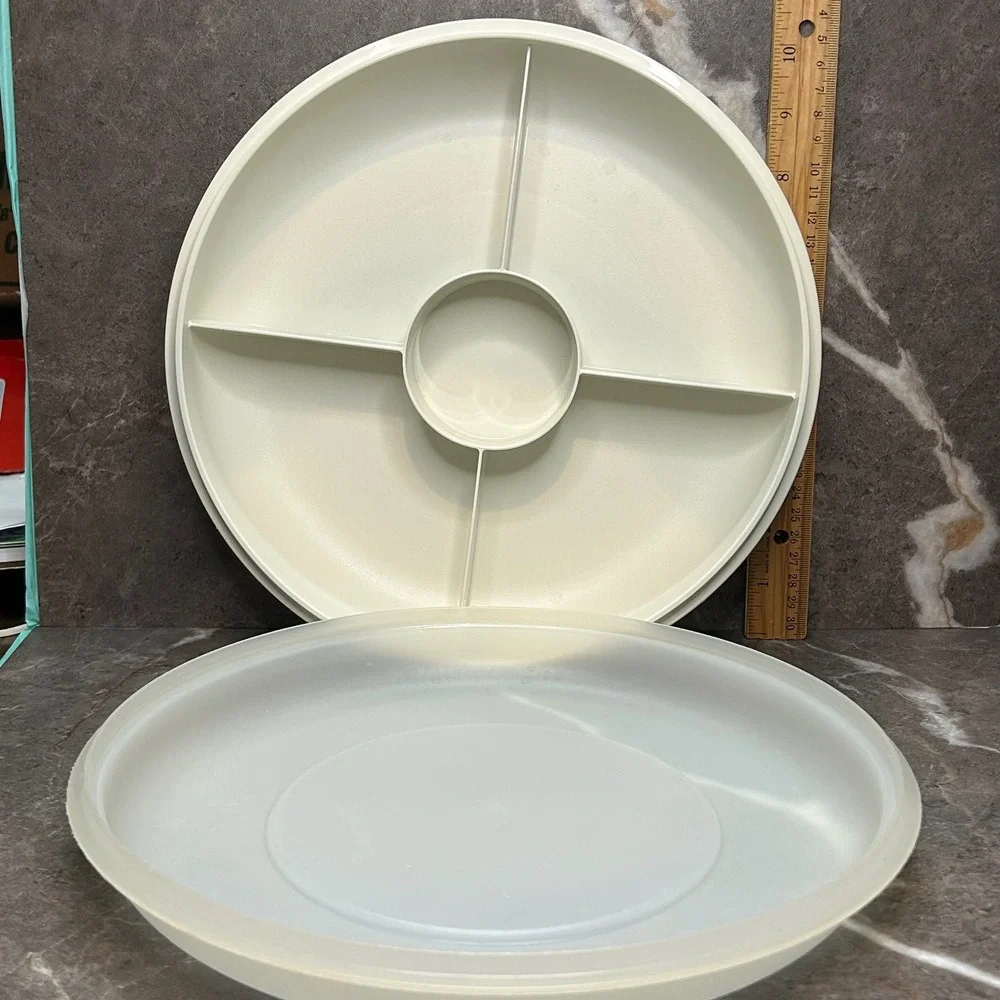 Tupperware Divided Serving Tray 708-5 Almond Cream Veggie Chip Dip Platter Lid